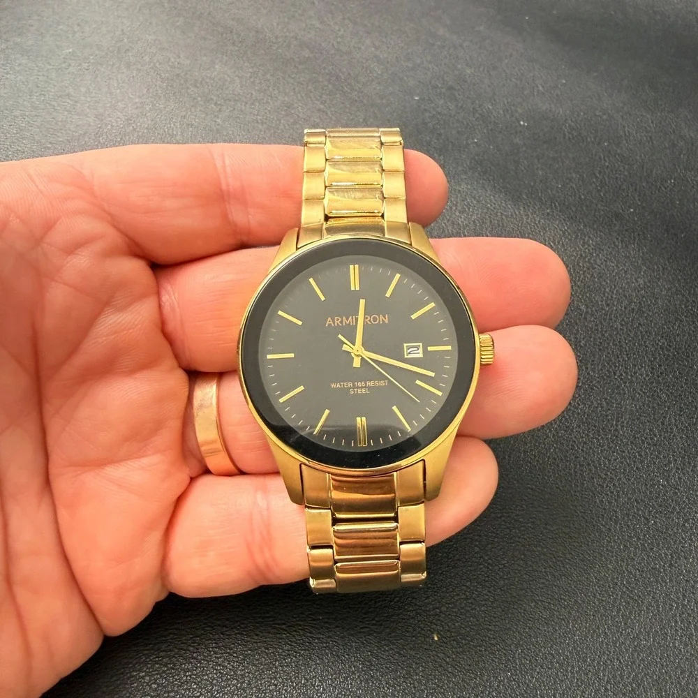Armitron 20/5374GP Men's Gold Tone Date Black Dial‎ Bracelet Watch New Battery